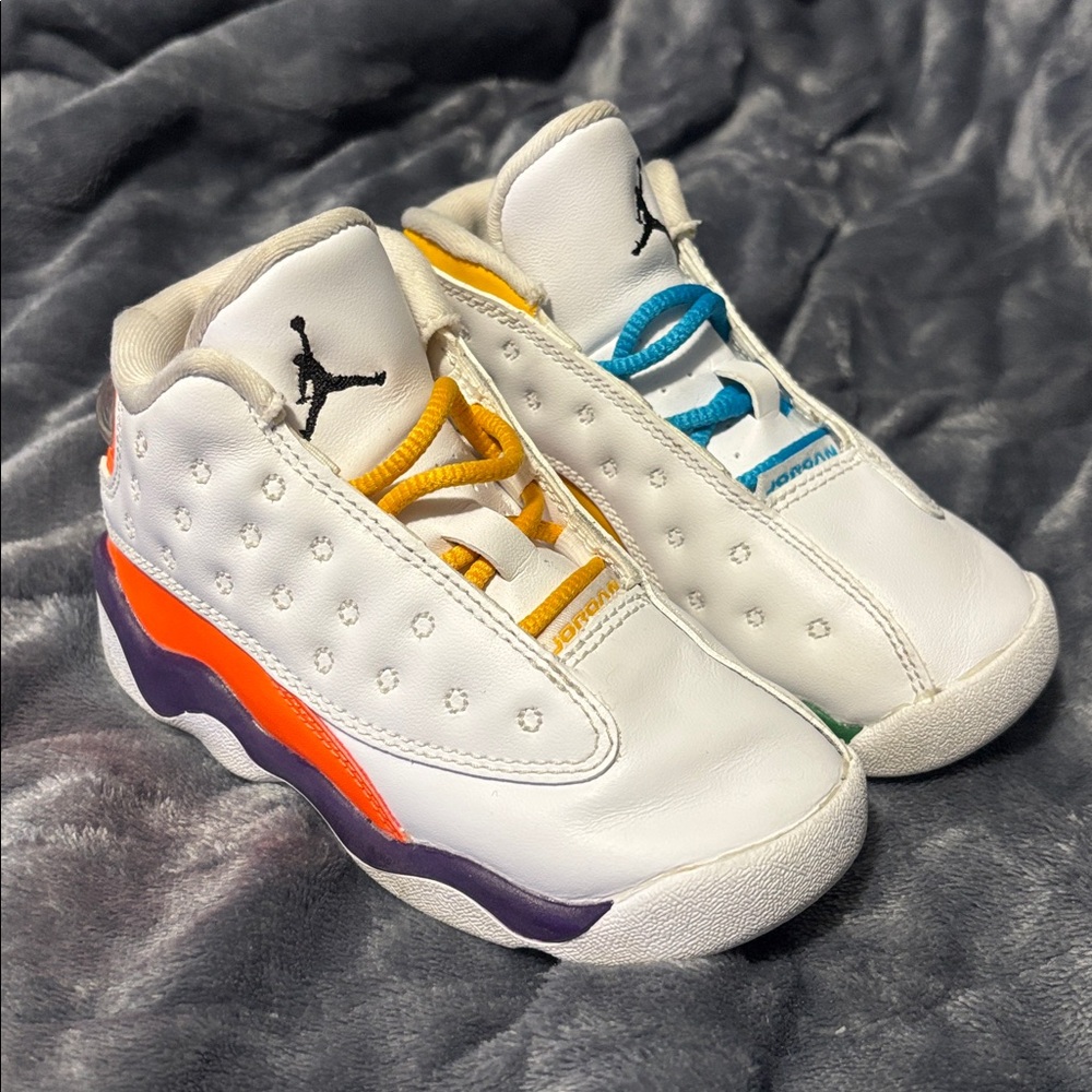 Jordan Retro 13 Playground Toddler 8c White Sneakers w/ Blue and Orange Accents